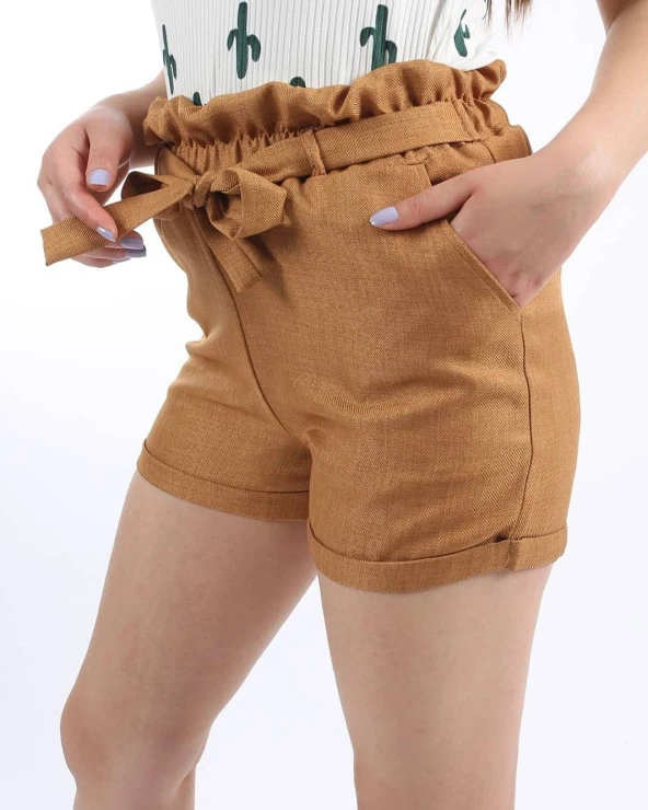 10736 Kuşaklı Keten Şort - 2