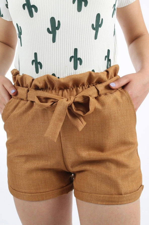 10736 Kuşaklı Keten Şort - 3