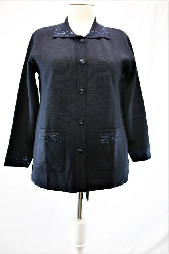 2530 Taş Detaylı Düğmeli Çelik Örgü Triko Hırka - 2