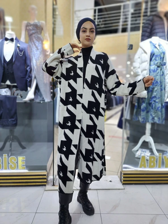 4002 Kazayağı Desenli Uzun Hırka - 4