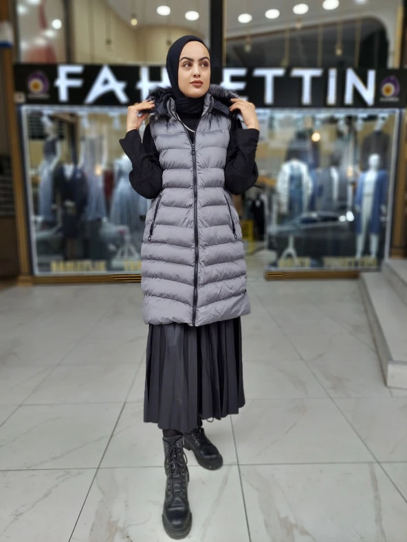 8900 Çıkarılabilir Kapüşonlu Şişme Uzun Yelek - 2