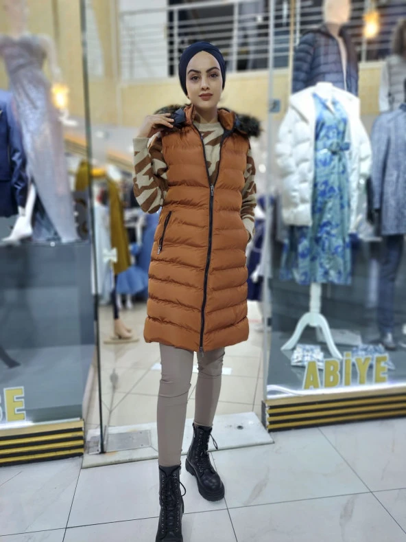 8900 Çıkarılabilir Kapüşonlu Şişme Uzun Yelek - 4