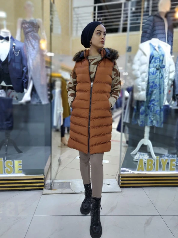 8900 Çıkarılabilir Kapüşonlu Şişme Uzun Yelek - 5