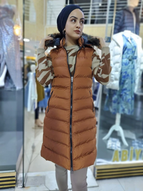 8900 Çıkarılabilir Kapüşonlu Şişme Uzun Yelek - 6