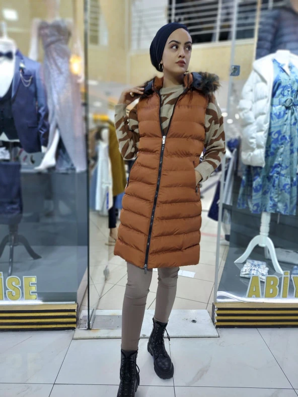 8900 Çıkarılabilir Kapüşonlu Şişme Uzun Yelek - 7