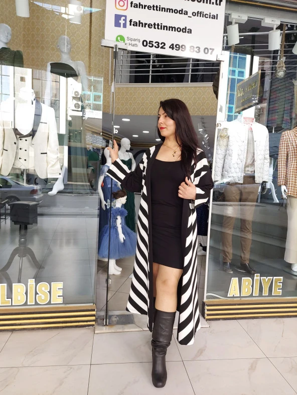 39401 Siyah Beyaz Şeritli Uzun Hırka - 3