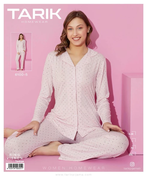 Tarık Kadın Pembe Viskon Uzun Kollu Düğmeli Güpürlü Pijama Takımı 6100-9 - 2