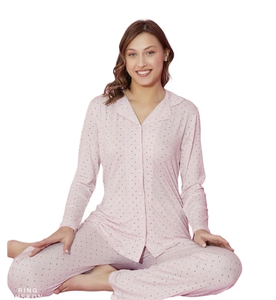 Tarık Kadın Pembe Viskon Uzun Kollu Düğmeli Güpürlü Pijama Takımı 6100-9 - 5