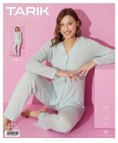 Tarık Kadın Mint Viskon Uzun Kollu Düğmeli Güpürlü Pijama Takımı 6100-5 - 2