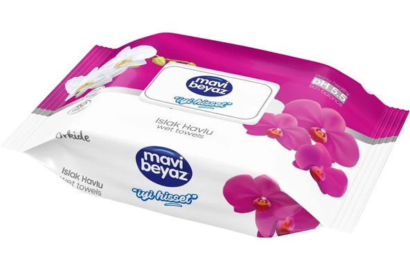 Mavi Beyaz Islak Havlu Mendil 90 Yaprak Orkide Plastik Kapaklı