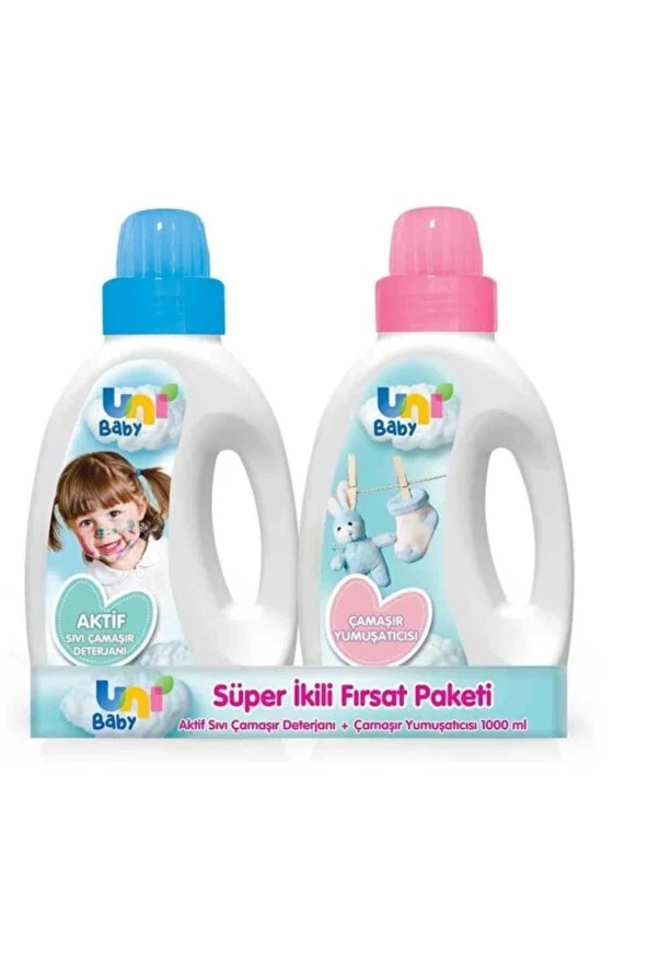 Uni Baby Aktif Sıvı Çamaşır Deterjanı 1000ml + Çamaşır Yumuşatıcısı 1000ml