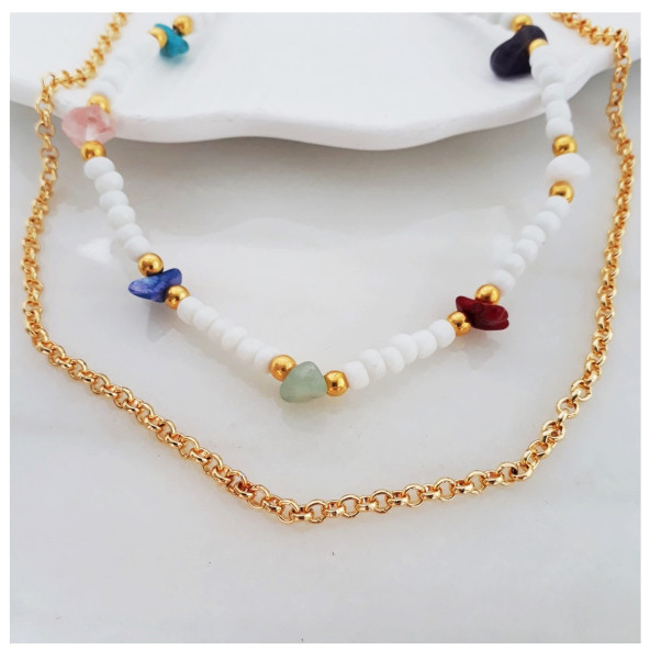 Bijustore Beyaz Seramik Boncuk & Doğal Taş Çakra & Zincir İkili Choker Kadın Kolye - 2