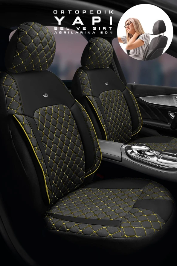 Skoda Citigo Hatchback 2014 Aracınıza Uyumlu Koltuk Kılıfı Jakar Deri Siyah Sarı