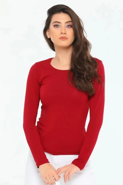 Rahat Ve Şık Uzun Kollu Bisiklet Yaka Likralı Viskon Penye Body Bordo - 3