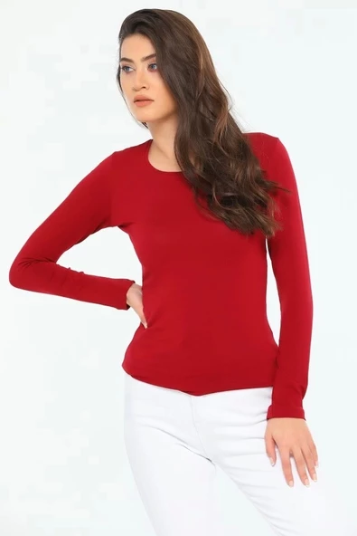 Rahat Ve Şık Uzun Kollu Bisiklet Yaka Likralı Viskon Penye Body Bordo - 6