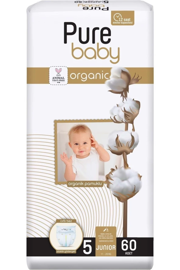 Pure Baby Organik Pamuklu 5 Numara Junior 60'lı Bebek Bezi