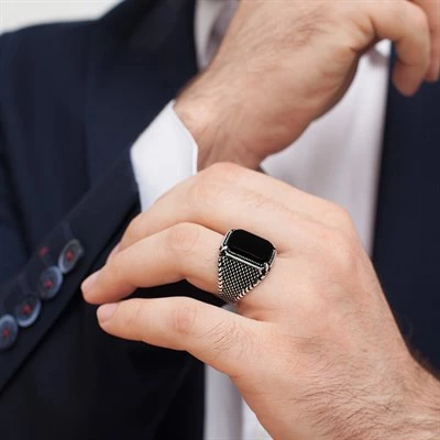 Siyah Oniks Taşlı Kare Gümüş Erkek Yüzük - 7