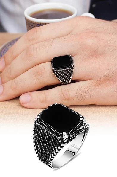 Siyah Oniks Taşlı Kare Gümüş Erkek Yüzük - 4