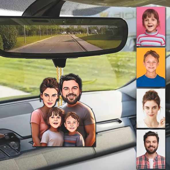 4 Kişi Anne-Baba Çoçuk Tasarımlı Ahşap Araba Dikiz Ayna Süsü ürün görseli