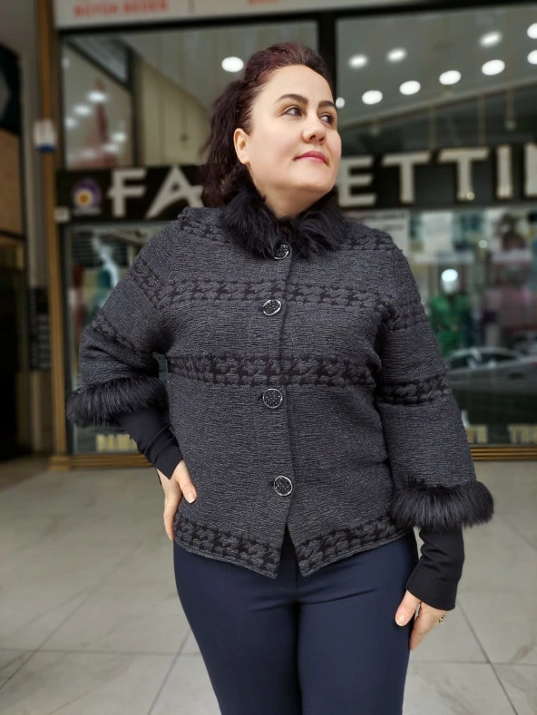 6166 Tüy Detaylı Düğmeli Ceket - 3