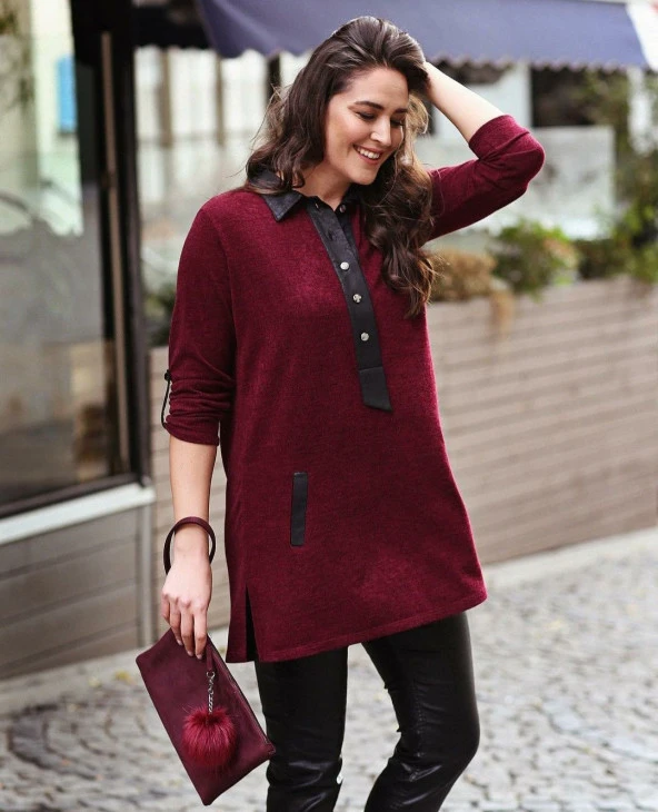 18568 Yakası Deri Detaylı  Tunik - 2