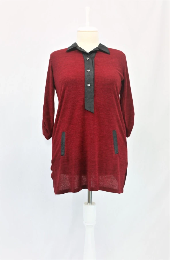 18568 Yakası Deri Detaylı  Tunik - 3
