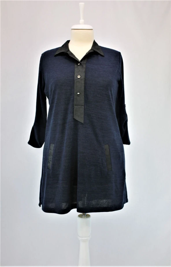 18568 Yakası Deri Detaylı  Tunik - 4