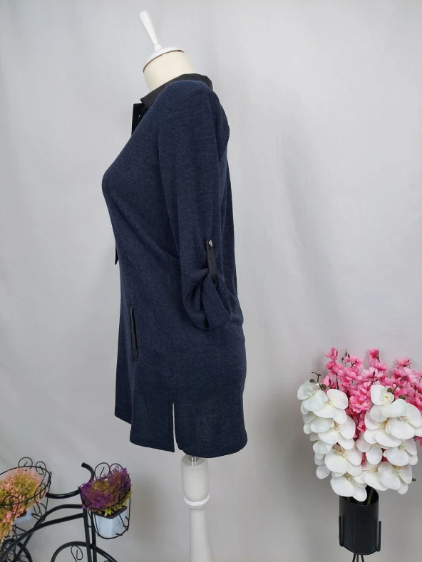 18568 Yakası Deri Detaylı  Tunik - 7