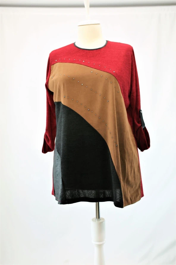 18063 Zımba Detaylı Desenli Triko Tunik