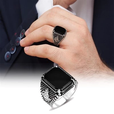 Tuğra Desenli Kare Oniks Taşlı 925 Gümüş Erkek Yüzük - 4