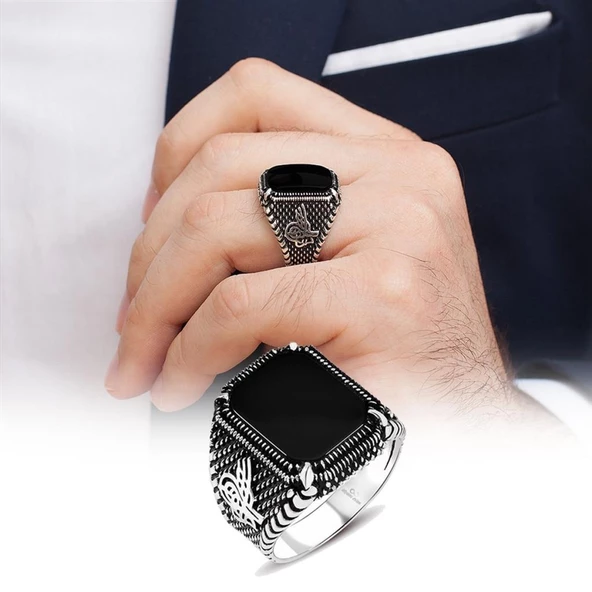 Tuğra Desenli Kare Oniks Taşlı 925 Gümüş Erkek Yüzük - 7