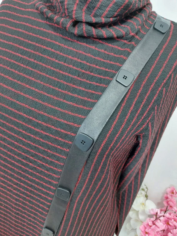 0134 Çizgili Deri Detaylı Tunik - 3