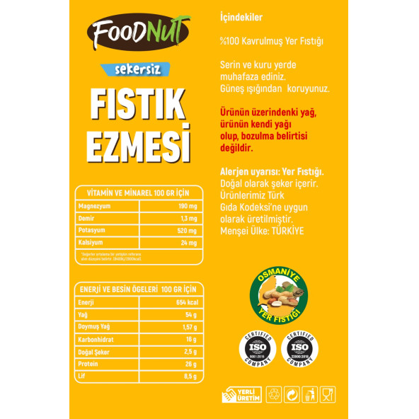 FoodNut %100 Şekersiz Sporcu Dostu Fıstık Ezmesi 1 Kg Şekersiz Yer Fıstığı Ezmesi Proteini Yüksek. - 2