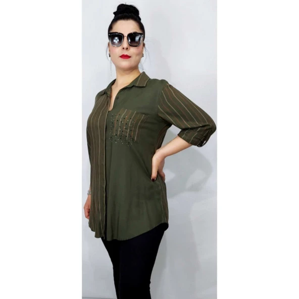 19010 Çizgili Cepli Gömlek Tunik - 2