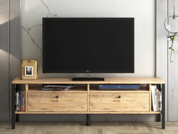 Wood'n Love Luna Metal Ayaklı Dolaplı 180 Cm Tv Geniş Ünitesi - Atlantik Çam / Siyah - 3