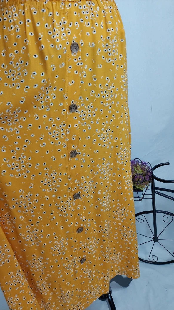 1104 Çiçek Desenli Düğmeli Etek - 4