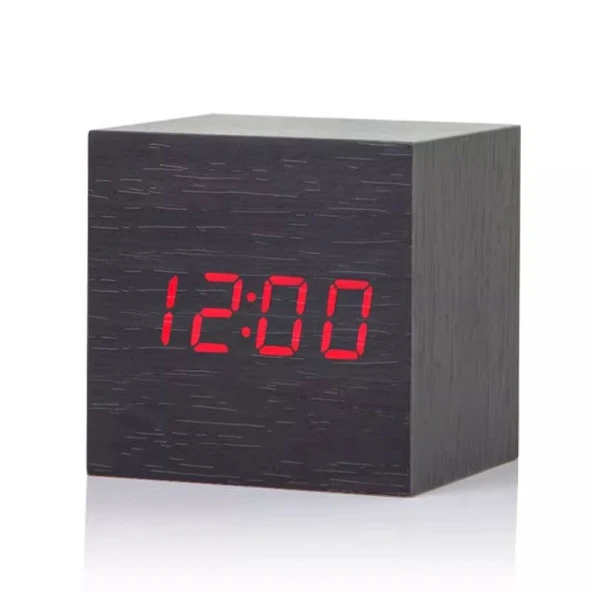 Küp Ahşap Alarm Dijital Çalar Saat Siyah Küçük Boy