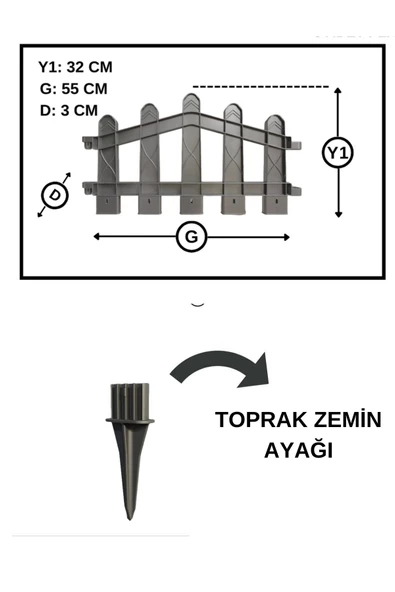 Dekoratif Plastik Bahçe ve Peyzaj Çiti 8 ADET ÇİT (Y: 32 CM / G: 4.4 M) TOPRAK AYAKLI - 6