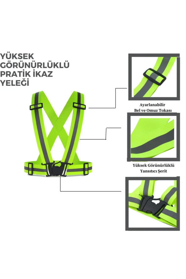 Yüksek Görünürlüklü Reflektörlü Ayarlanbilir Pratik Yeşil Ikaz Yeleği