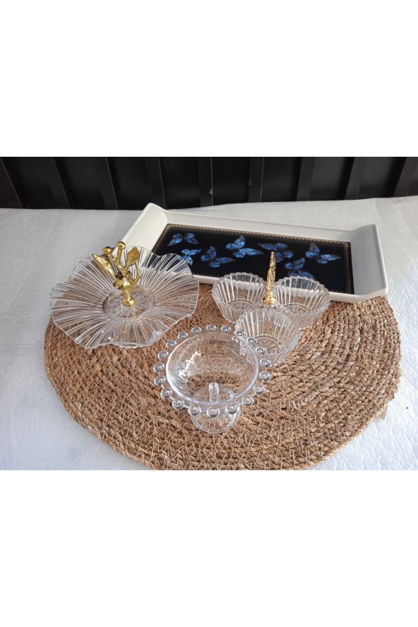 Tepsili Akrilik Sunum Seti Kelebek Desenli - 2