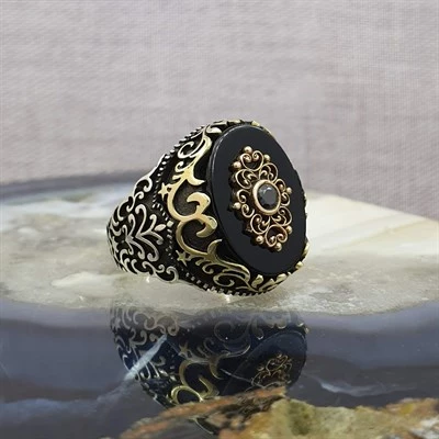 Siyah Oniks Taşlı Gümüş Erkek Yüzük - 2