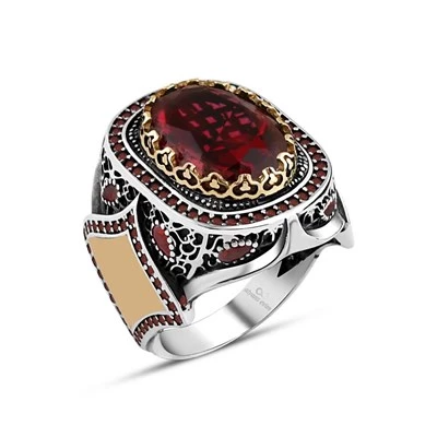 Kırmızı Taşlı Gümüş Erkek Yüzük - 11