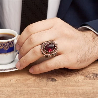 Kırmızı Taşlı Gümüş Erkek Yüzük - 10