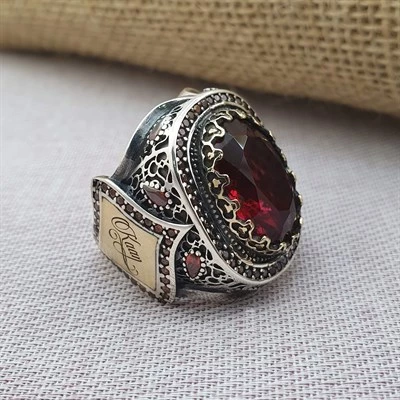 Kırmızı Taşlı Gümüş Erkek Yüzük - 3
