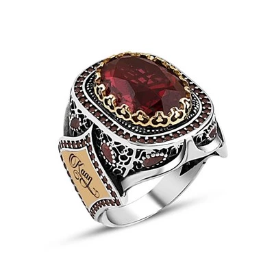 Kırmızı Taşlı Gümüş Erkek Yüzük - 8