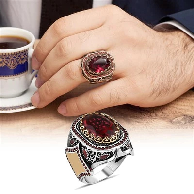 Kırmızı Taşlı Gümüş Erkek Yüzük - 5