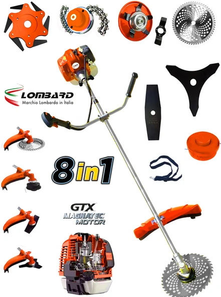 Lombard İtalia VTEC-800 Motor New 8 İn 1 FULL Set Yan Tipi Benzinli Motorlu Ot Çalı Tırpanı Çim Makinesi
