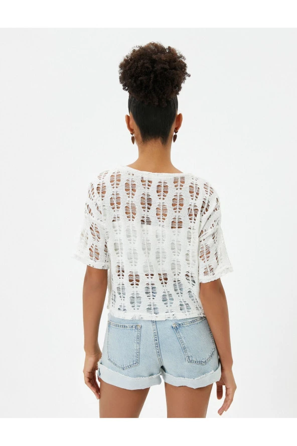 Ajurlu Crop Tişört Kısa Kollu Yuvarlak Yaka - Resim 4