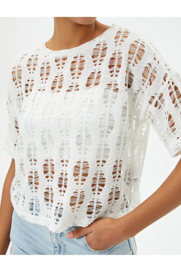 Ajurlu Crop Tişört Kısa Kollu Yuvarlak Yaka - Resim 5