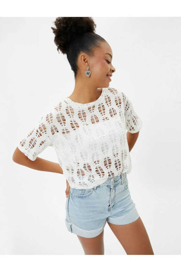 Ajurlu Crop Tişört Kısa Kollu Yuvarlak Yaka - Resim 7